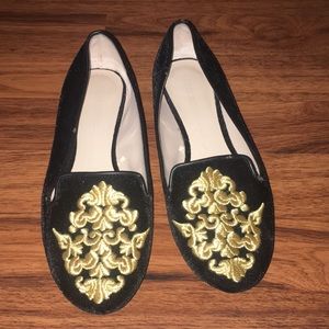 Velvet flats with gold embroidered detail